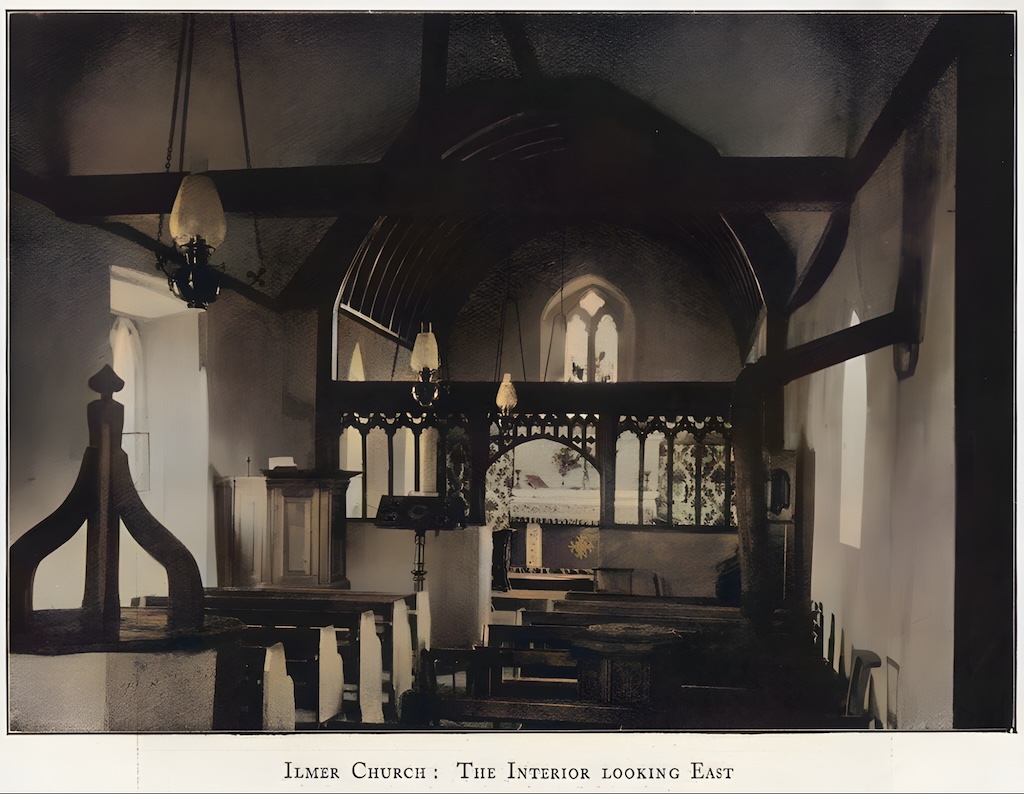 Colourised photo of the church interior, showing the church stove